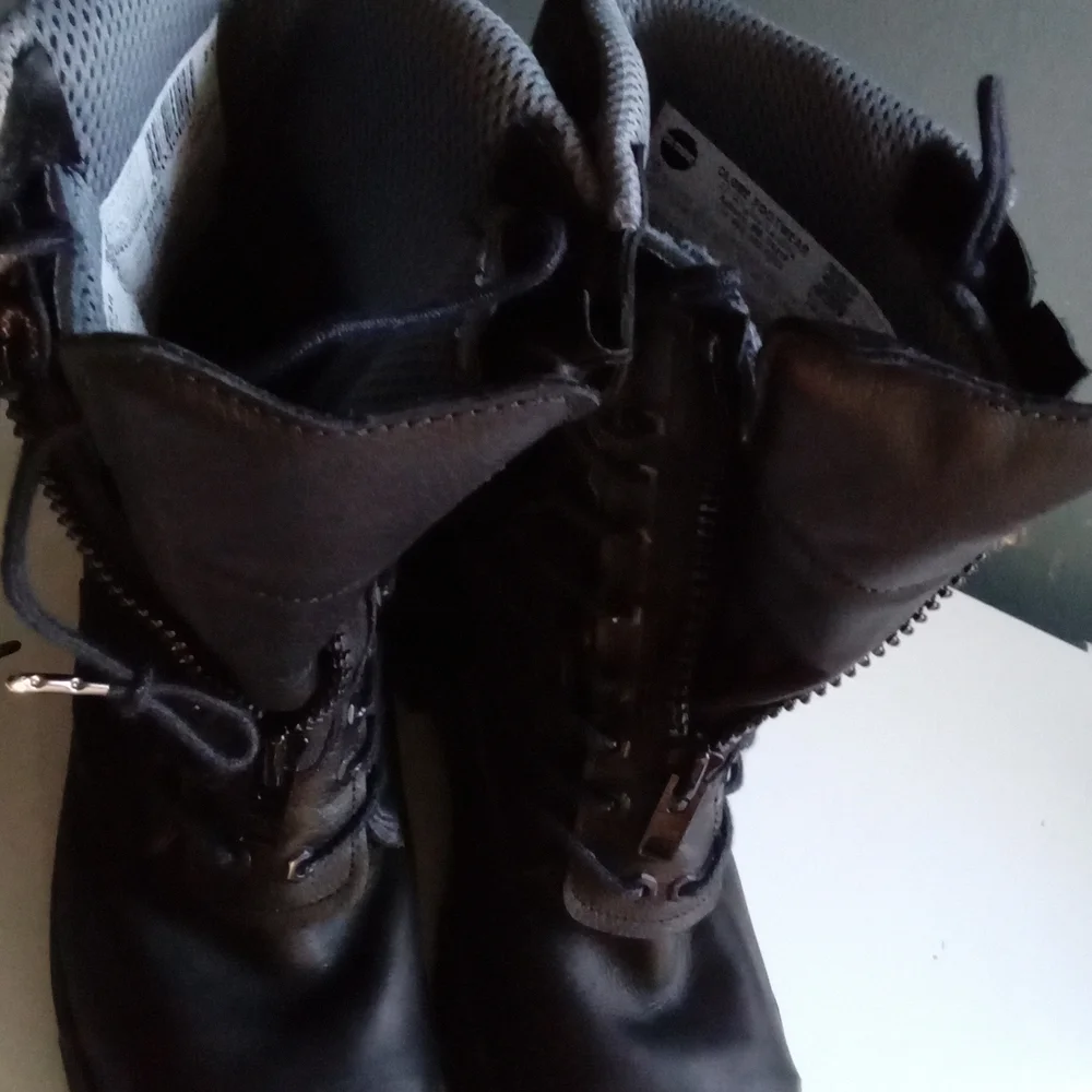 Black Leather Combat Boots Side Zip Lace Up Chunky Sole Work Military Style Mens